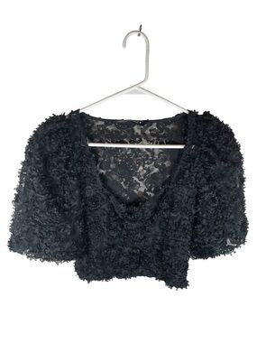 Zara Textured Tulle Floral Appliqué Sheer Crop Top Black Small